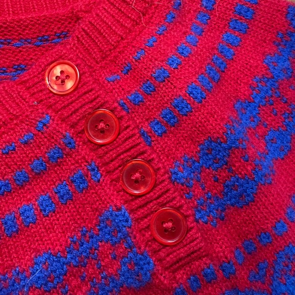 Talbots Lambswool Fair Isle Knit Sweater Womens L Red Blue Crew Neck Buttons - Picture 2 of 11